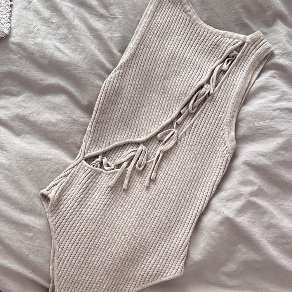 Maniere De Voir Ribbed Lace-Up Bodysuit - Beige